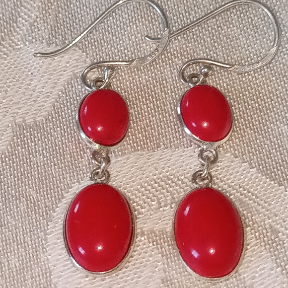 Red Coral Silver Handmade Earrings - Picture 4 of 4